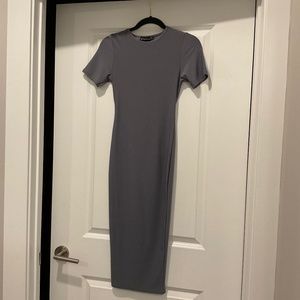 Periwinkle blue form fitted short sleeve midi dress, spandex fit